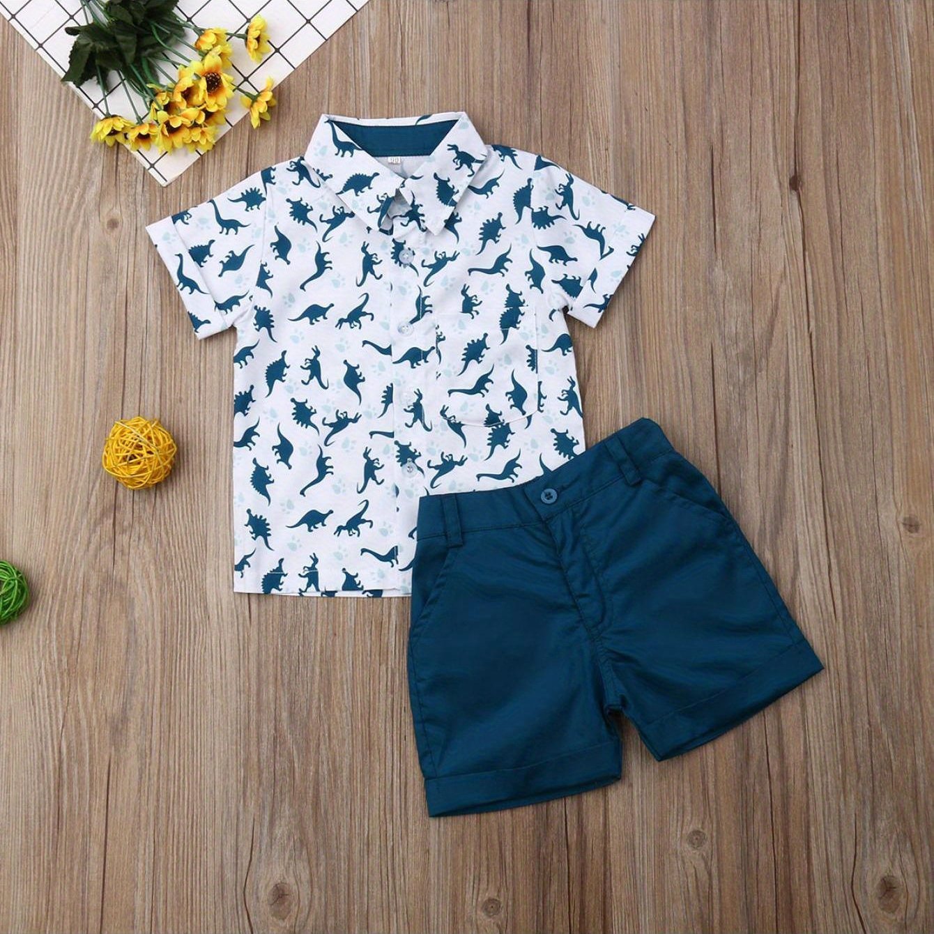 TEMU Baby Boys Clothes Set, Dinosaur Print Short Sleeve Lapel Neck T-shirt + Solid Color Shorts For Summer, For Outdoor