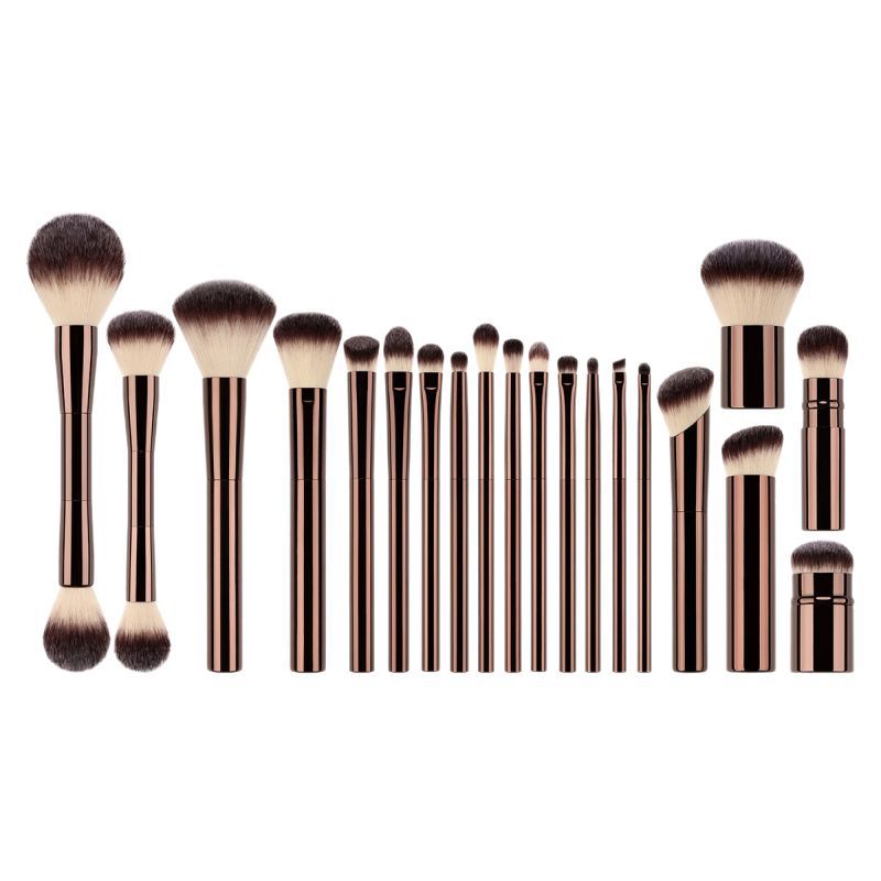 20pcs Makeup Brush Set Professional Foundation Blush Eyeshadow Brush Crease Concealer Eyebrow Powder Blending Dark Bronze Metal Handle Beauty Tools