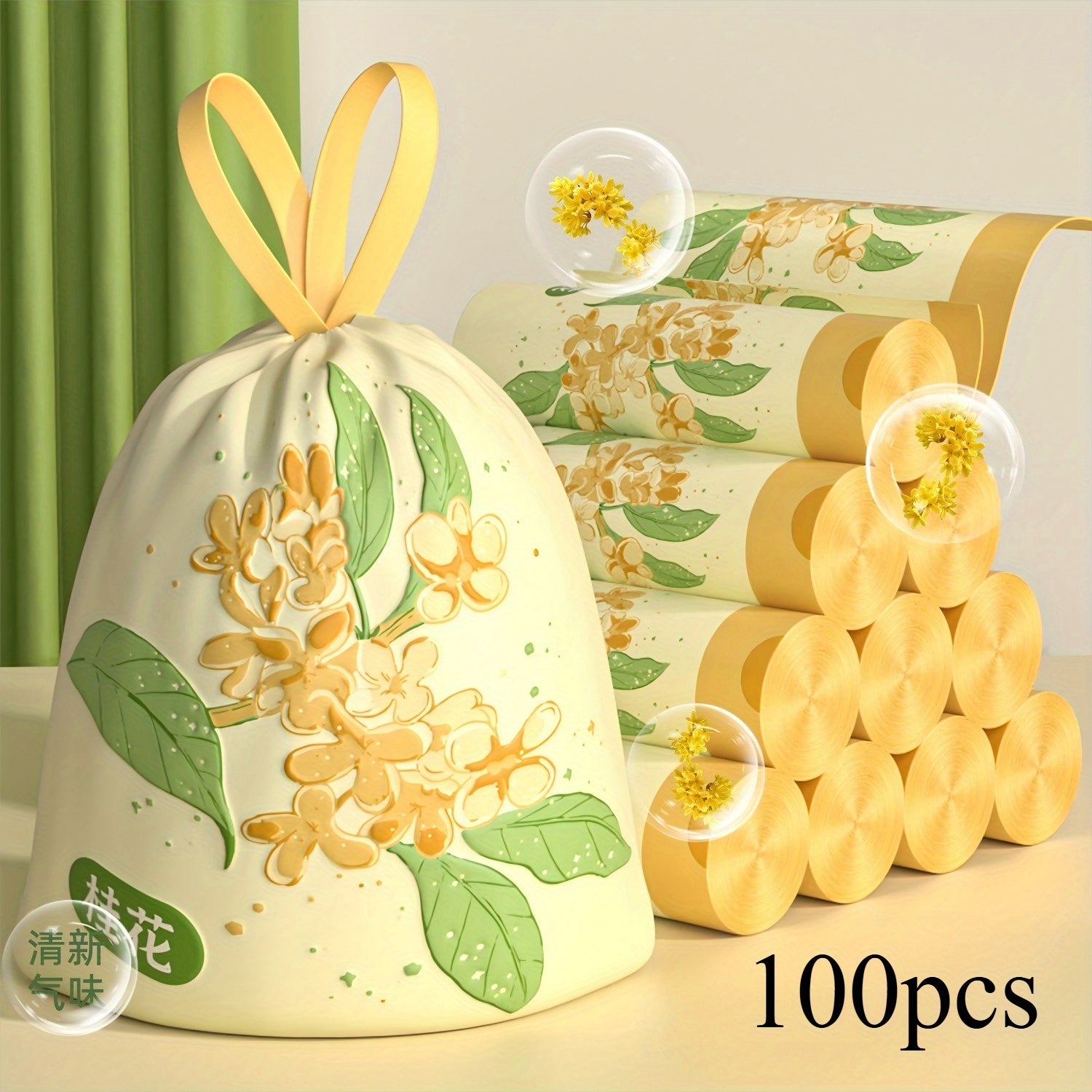 TEMU 100pcs Large Floral Trash Bags With Floral Pattern & Green Leaf Design - Heavy-duty Disposable Trash Bags With Sturdy Handle, Odor-resistant &