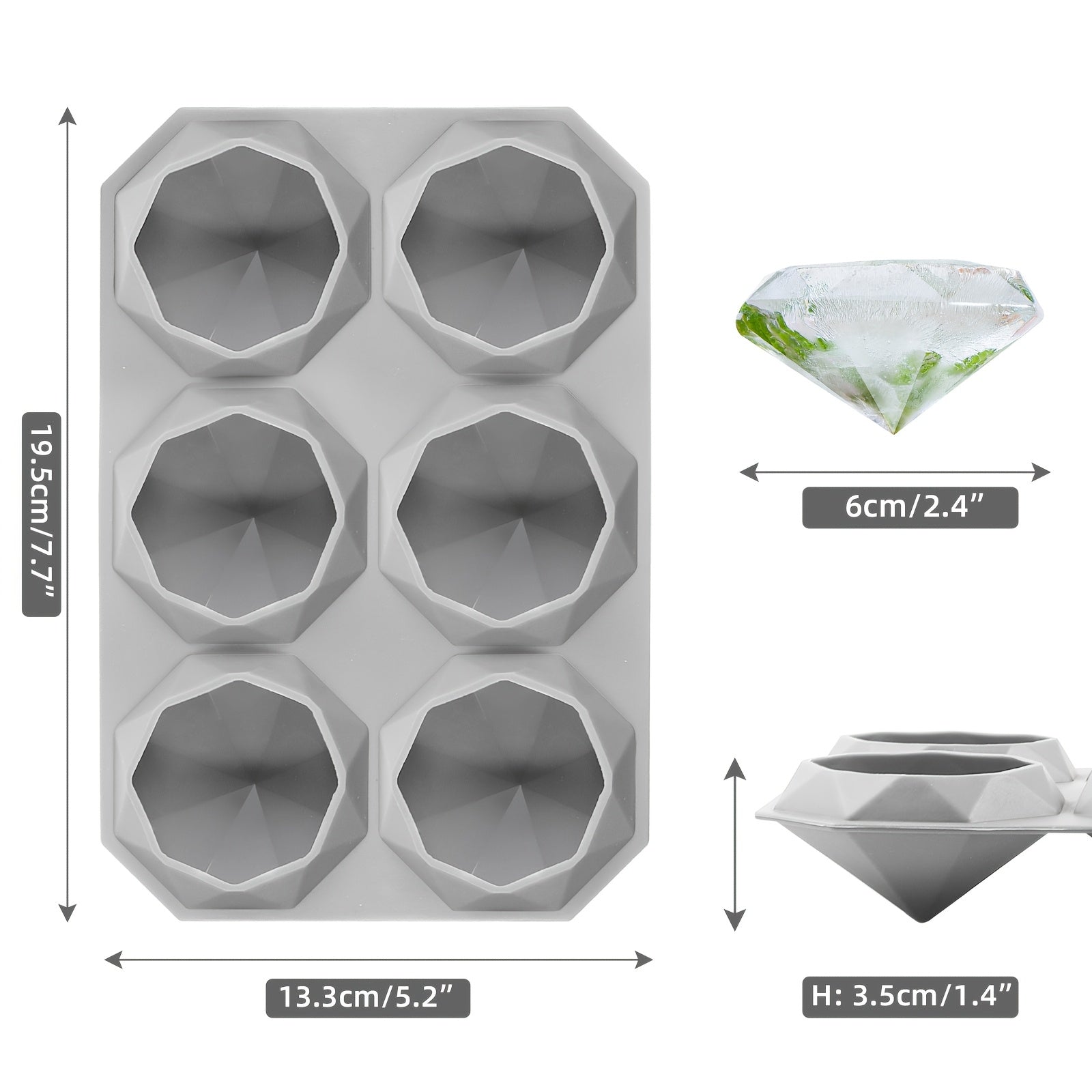 TEMU 1pc Gray Ice Cube Mold, 6-slot Diamond-shaped Ice Tray, Multifunctional Chocolate Mold, Pudding, Jelly, Candy Mold, Ice Cube Tray, Silicone Ice
