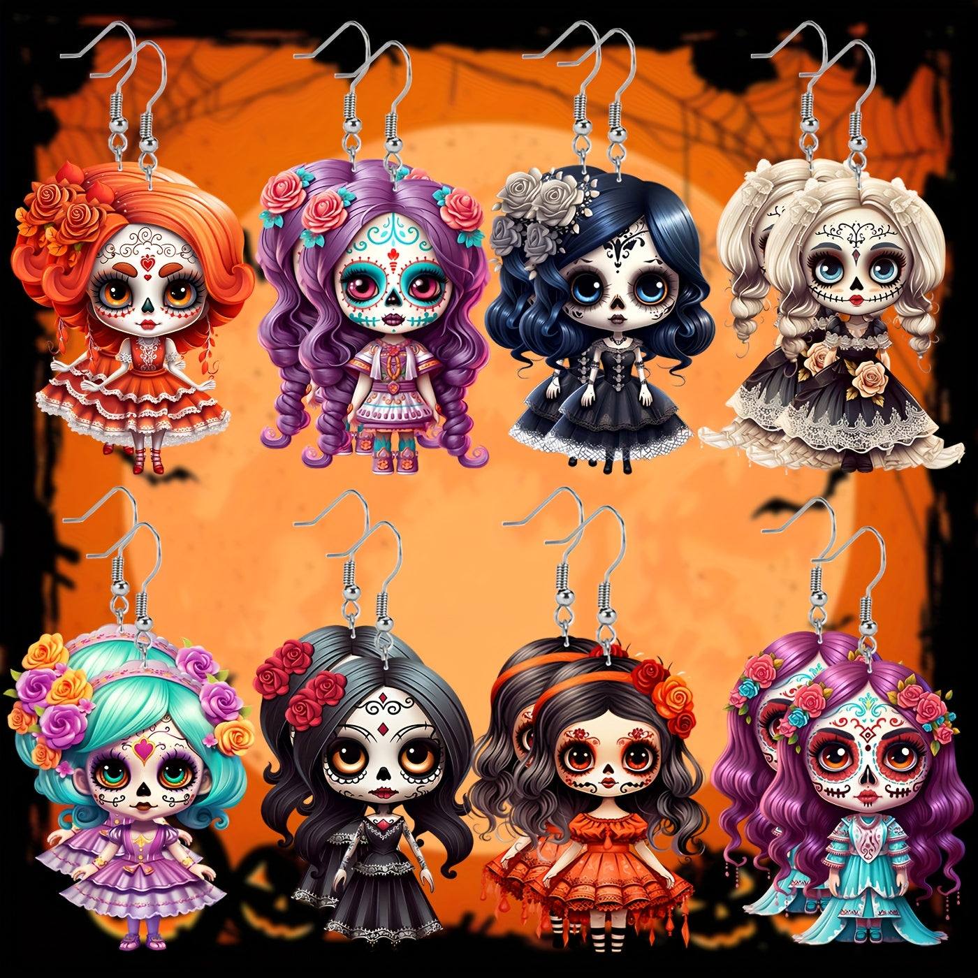 TEMU 2d Flat, 8 Pairs-set Sugar Skull Acrylic Earrings Accessories Cute Pendant, Suitable For Fan Gifts Jewelry, 2d Flat