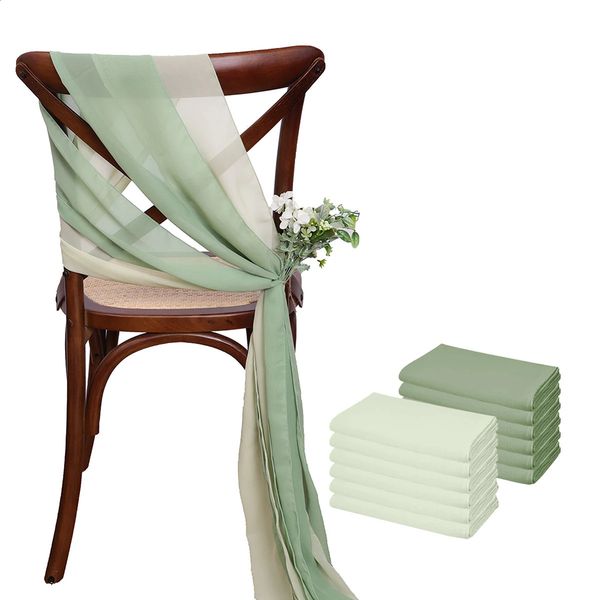 12 pieces of 17x275cm green chiffon chairs with waistband wedding chair cover ribbon wedding party aisle chair decoration 240903