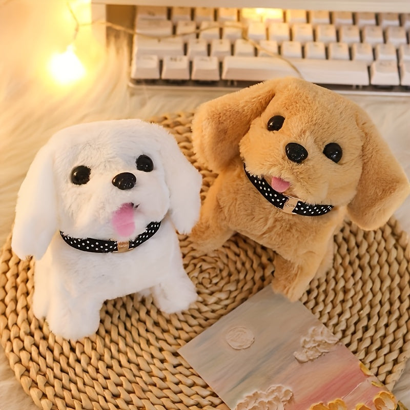 TEMU [white + Brown] Cute Puppy Electronic Pet Dog Toy, Will Bark-walk-wake Up Tail, Creative Parent-child Interaction Toy Dog, Suitable For Birthday