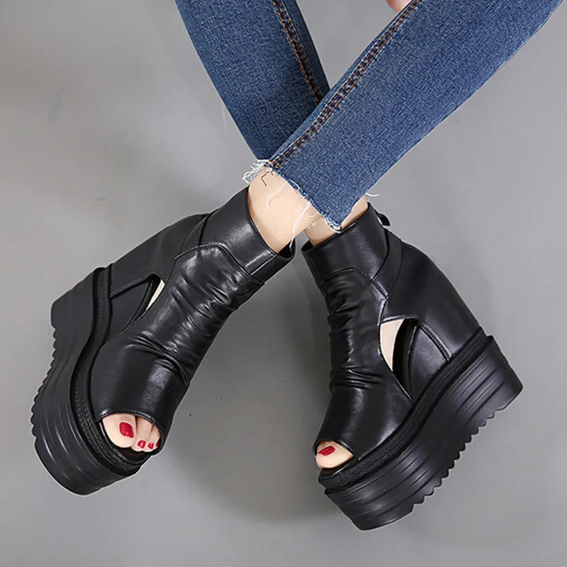 12CM High Quality Soft Leather Summer New Sandals High Heel Platform Sandal Boot Wedge Peep Toe Women&#039;s Shoes Hollow Roman Shoes