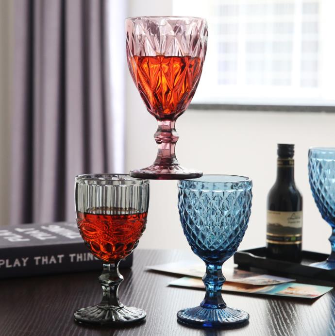 European Style Embossed Wine Glass Stained Glass Beer Goblet Vintage Wine Glasses Household Juice Drinking Cup Thickened