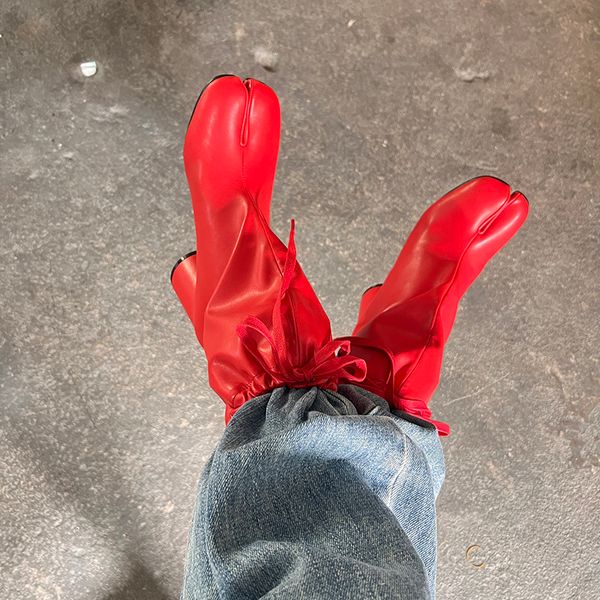 2025 calcanhar robusto Tabi Women Winter Winter Short Slip-On Shoes Rases Designer High Boots Leather Real Leather