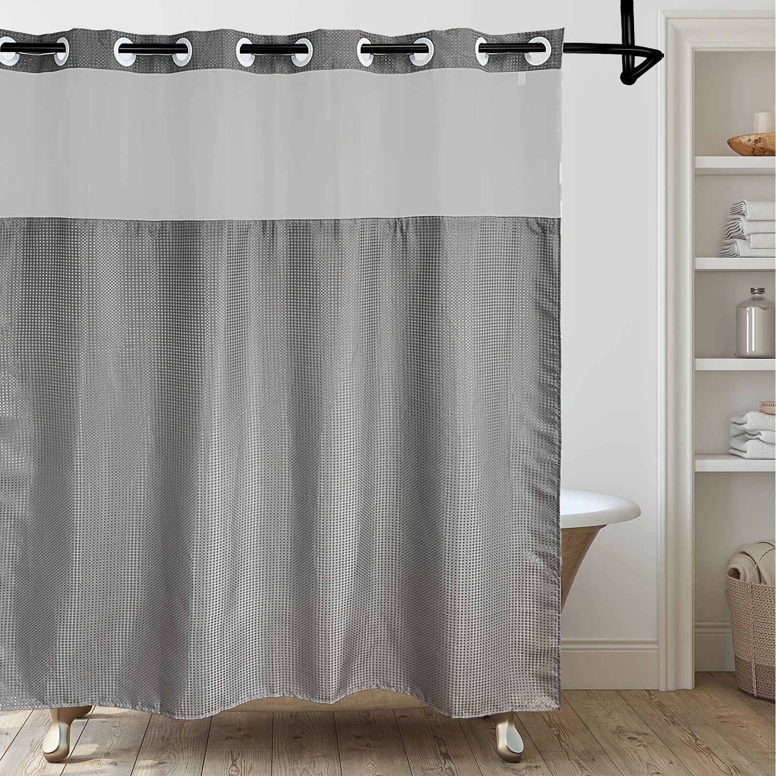 TEMU 1pc Bathroom Hookless Shower Curtain With Snap-in Fabric Liner Hookless Recessed Hooks Double Waffle Shower Curtain Waffle Shower Curtain Home