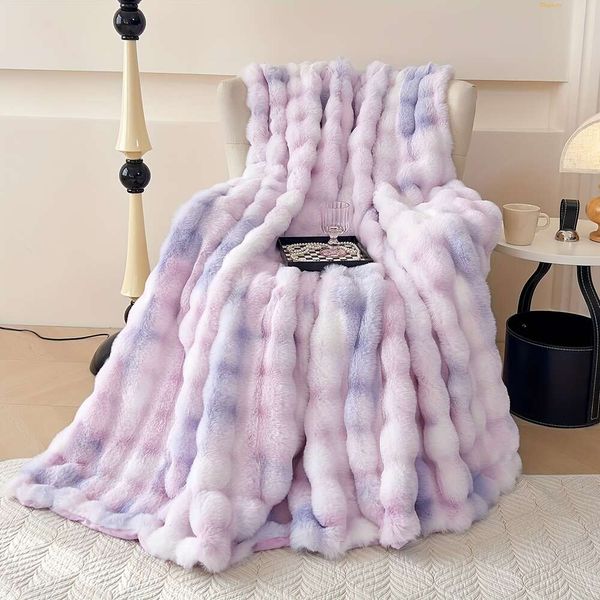 Boho-chic Tie Dye Soft Faux Rabbit Fur Throw - Versatile, Hine Washable Plush Blanket for All-season Comfort