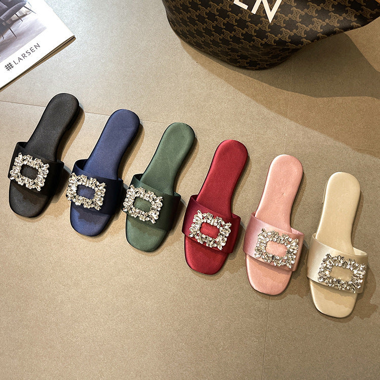 Satin Womens Slippers Summer 2024 Water Diamond Buckle Flat Elegant Sandals Womens Fashion Outdoor Beach Shoes Slippery 240710