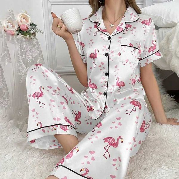 Womens Pajamas Elegant Satin Sleepwear Pj Set Flower Print Short Sleeve Buttons Lapel Tops Long Pants Nightwear Home ClothesC241213