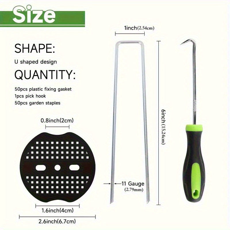 TEMU 1 Set Of 101pcs Lawn U-peg Set, U-peg Garden Stakes, 50 Lawn U-pegs+ 50 Washers With 1 Toggle Hook, 6 Inch U-shaped Galvanized Landscape Spikes,