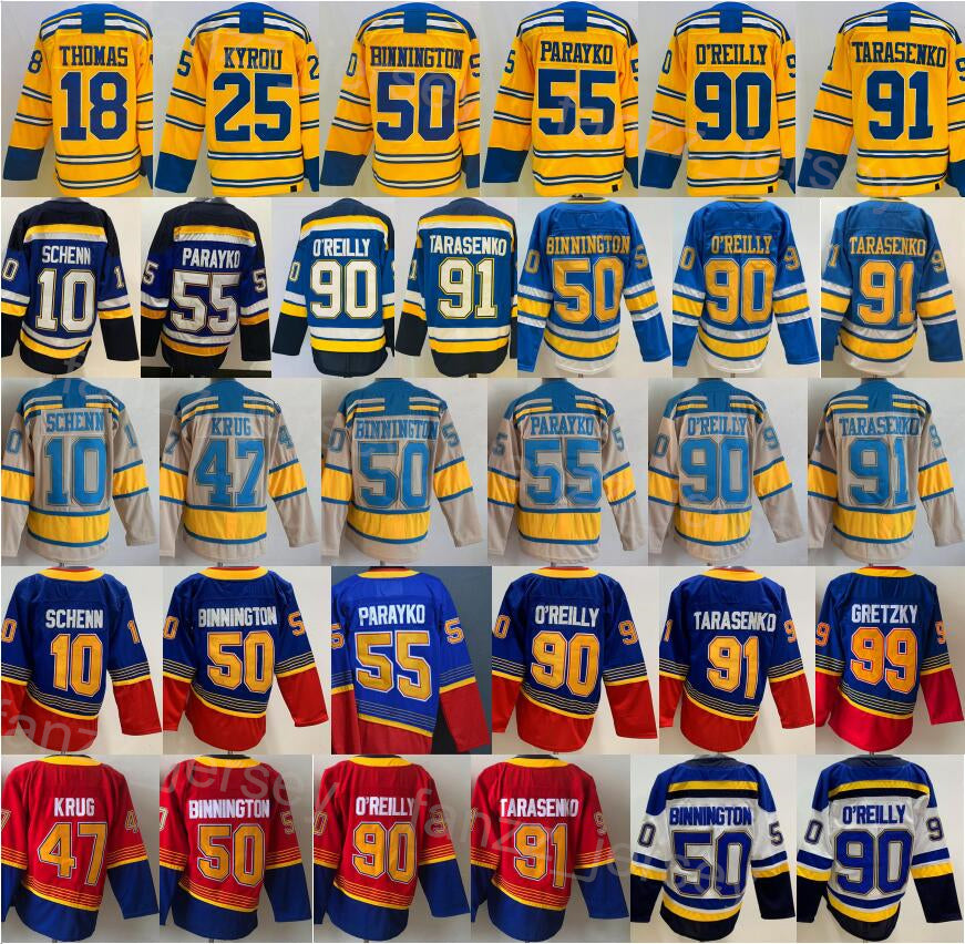 2023 Reverse Retro Hockey 91 Vladimir Tarasenko Jerseys 90 Ryan OReilly 50 Binnington 55 Colton Parayko 10 Brayden Schenn Team Blue White Yellow 202