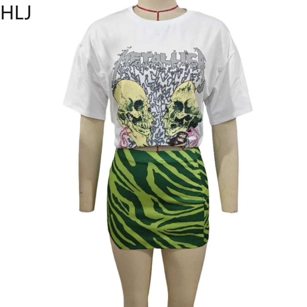 Fashion Y2K Streetwear Women Pattern Print Round Neck Short Sleeve Tshirt And Mini Skirts Two Piece Sets Summer 2pcs Outfits 240601