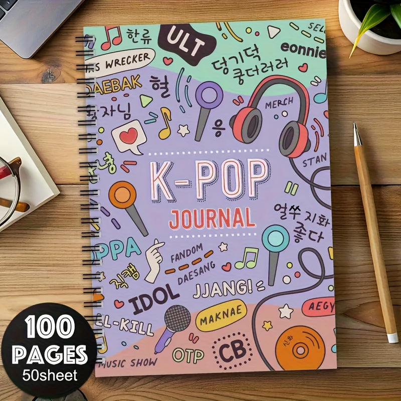 TEMU 1 Spiral Notebook - Vibrant Korean With Headphones And Music Elements, 100 Pages, Perfect Gift For Travel, Work, School, Or Fans, Colleagues, ,