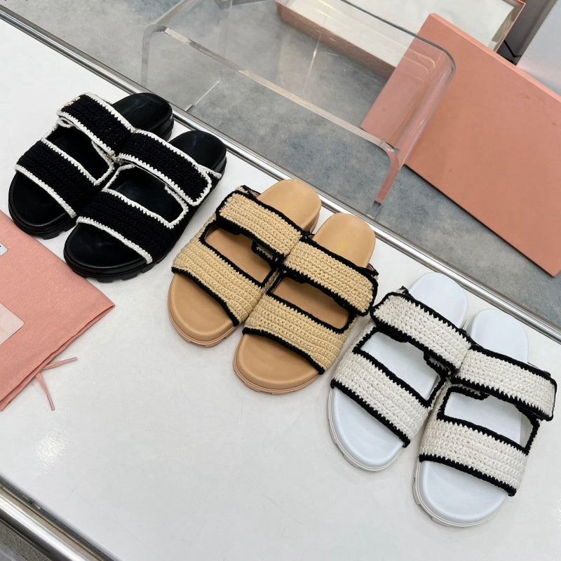 Premium Quality Fashion Designers Knitting Kinnted - Grass Woven Weaving Slippers Slides Sandals Women Shoes Size 35-42 27211