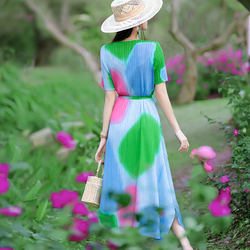 (501) Summer women&#039;s youthful side slit strap waist large pleated long skirt sweet song women&#039;s short-sleeved dress