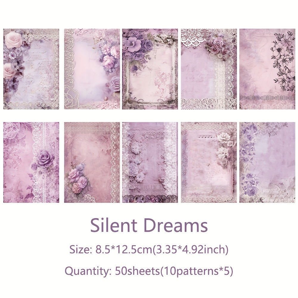 TEMU Vintage Purple Lace Flower Paper - 50 Sheets, Large Size, Decorative Base Material, Diy Art, Craft, Journaling, Notebooks, Planners, And