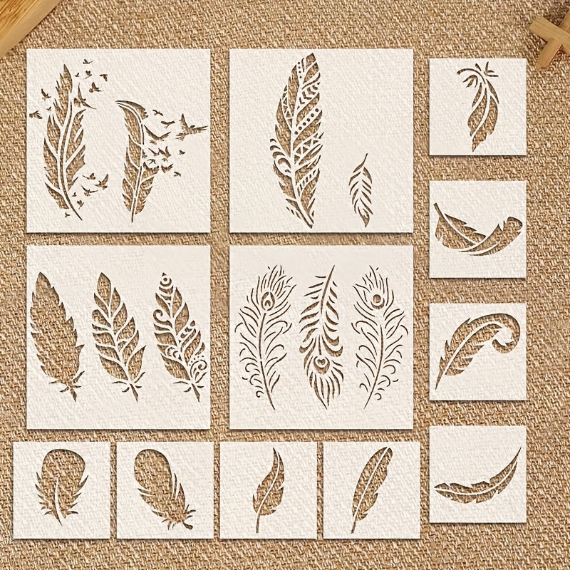 TEMU 12-pack Reusable Feather Stencils, Hollowout Pet Plastic, Airbrush Templates For Wood, Canvas, Paper, Fabric, Diy Art, Wall Decor, Picture