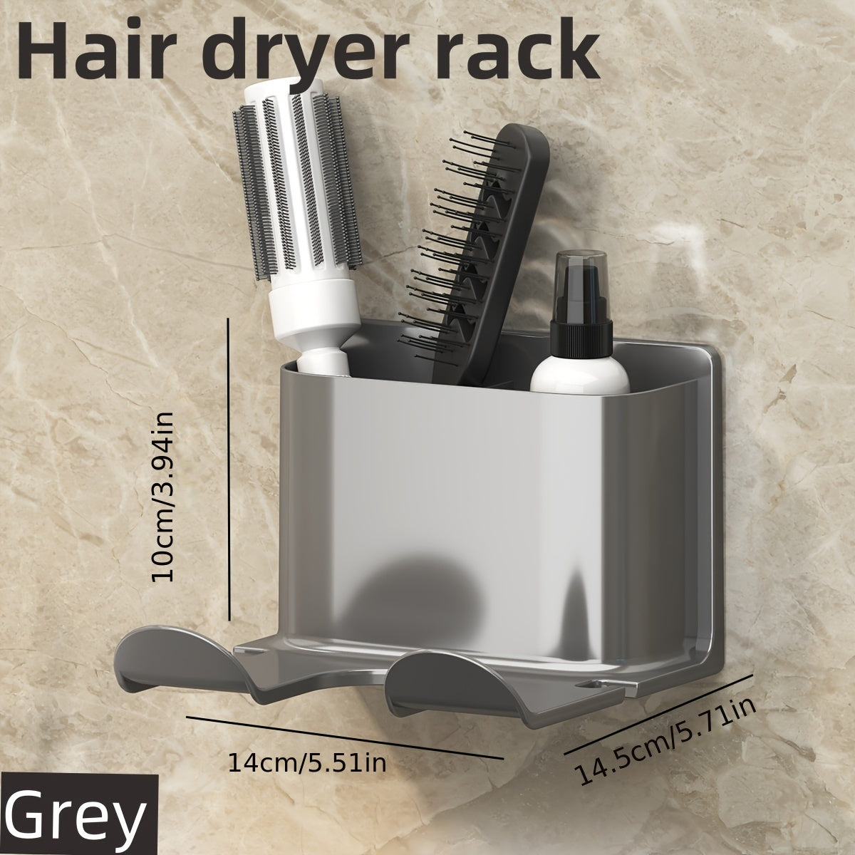 TEMU No-drill Wall-mounted Hair Dryer Holder With Storage Organizer – Sleek White & Gray Plastic Rack For Bathroom Essentials, Hair Dryers, Combs,