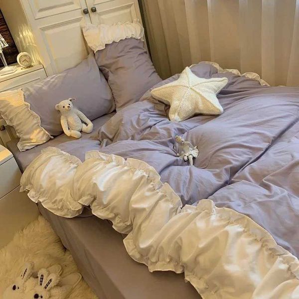 Korea Princess Purple Bedding Sets Bed Sheet Pillowcases Duvet Cover 3-4 Pieces Home Decoration Washed Cotton Flat Sheet SetC241021