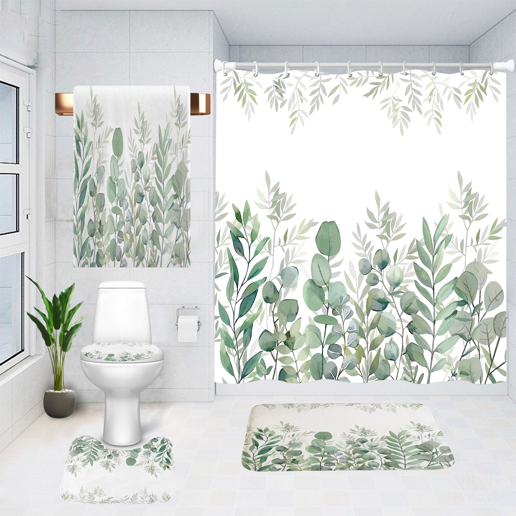 YL-37117 digital shower curtain cross-border plant flower waterproof polyester bathroom four-piece set dry and wet separation moisture-proof