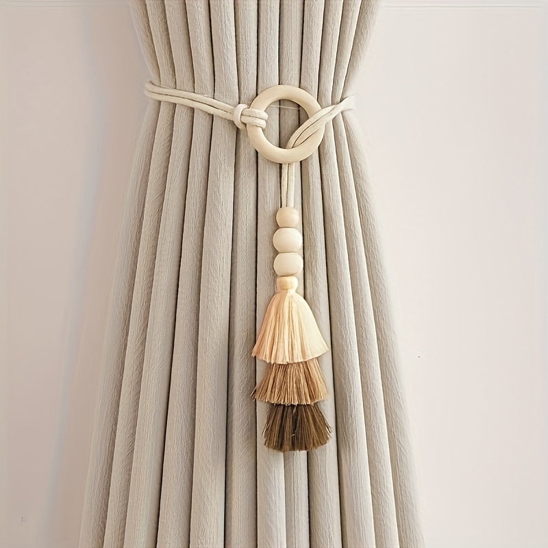 TEMU 1 Bohemian Style Adjustable Tassel Curtain Tieback, Handmade Wooden Bead Cord For Living Room And Bedroom Office Windows - No Drill Home Decor