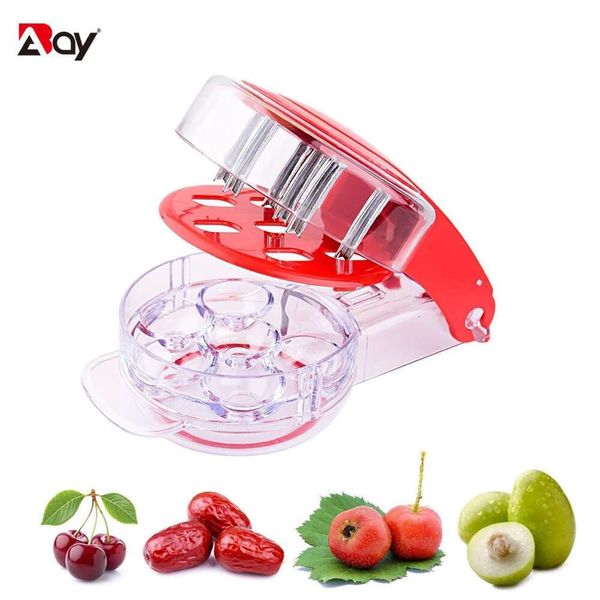 Pitter Stainless Steel Cherry Seed Remover hine with Pits & Juice Container, Red, 6 Cherries, Kitchen Gadget