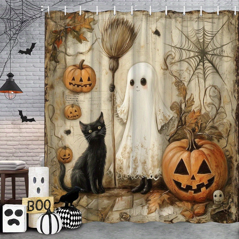 TEMU [2d Flat Printing] 1pc Cat Pumpkin Shower Curtain Halloween Vintage Halloween Scene Black Cat Jack O Lantern Modern Fashion Home Bathroom Room