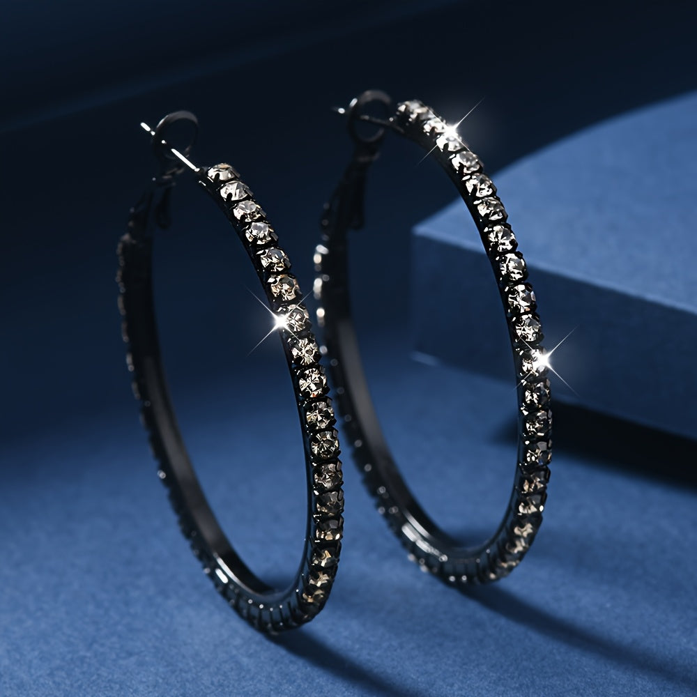 TEMU 1 Pair Elegant Sparkling Black Hoop Earrings With Clear Gemstones For Women - Stylish Round Design For Casual Attire, Parties, And Weddings -