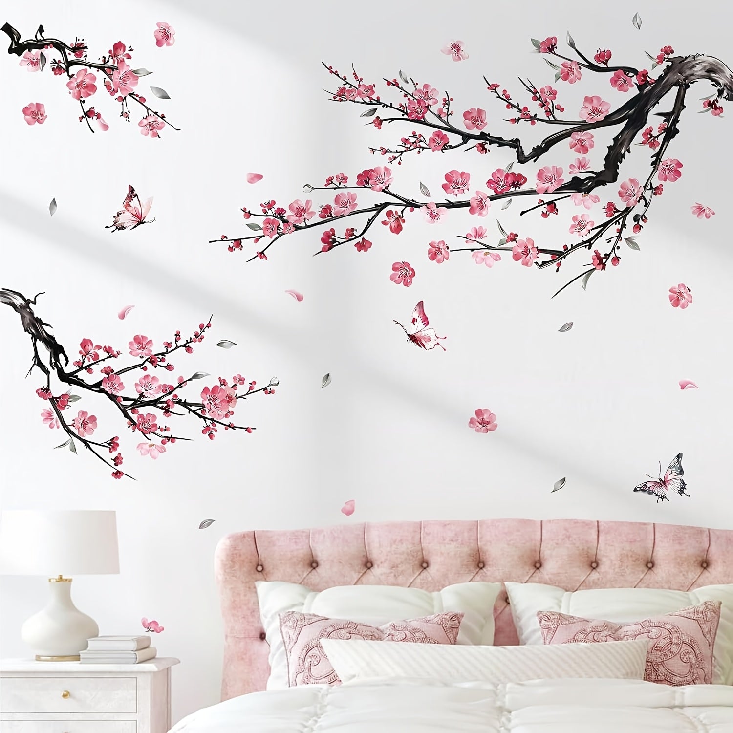 TEMU 2pcs Japanese Pink Floral Vinyl Wall Decals With Butterflies, Suitable For Living Room, Bedroom, Bathroom, Bathtub, Entryway, Bedside Decor,