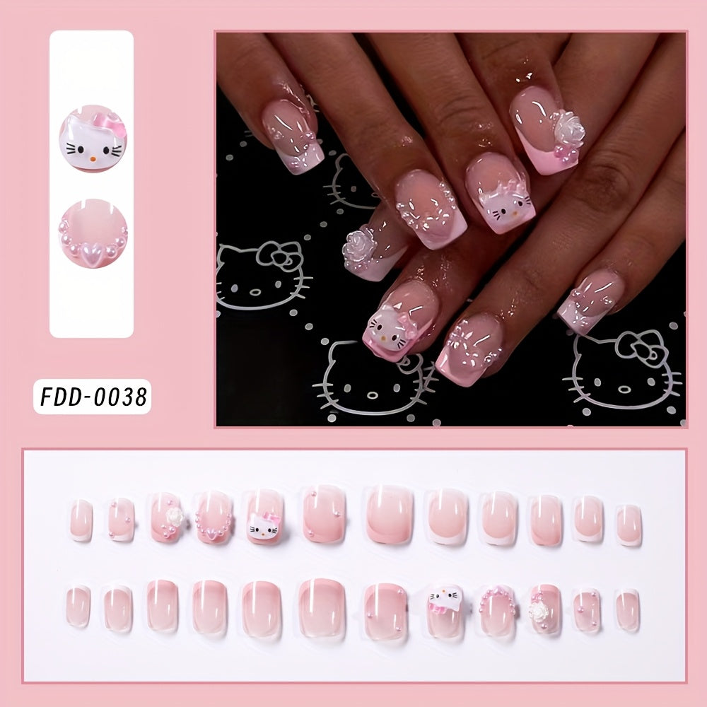 TEMU 24pcs Pink For Hello Kitty Press-on Nails Set - Cute French Tip Design, Handmade Jelly Glue Fake Nails For Women &, Glossy Finish, Short Square
