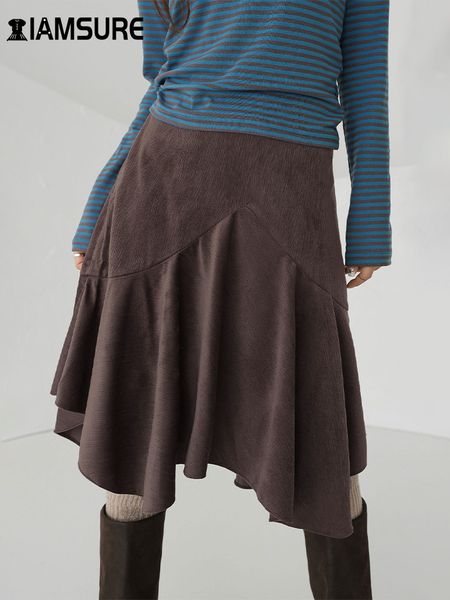 IAMSURE Casual Solid Asymmetrical Skirt Elegant Basic High Waisted Midi Skirts Women 2024 Autumn Spring Fashion Ladies