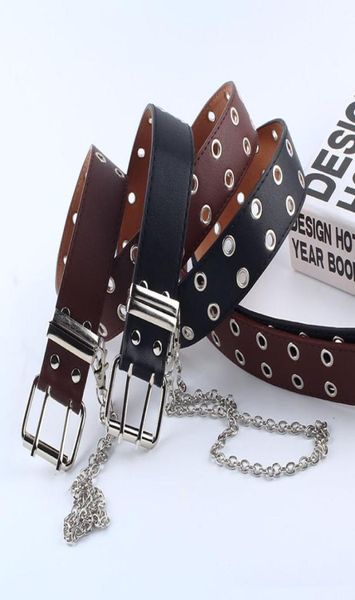 Women Punk Chain Fashion Belt Adjustable Black DoubleSingle Eyelet Grommet Leather Buckle Belt2046193