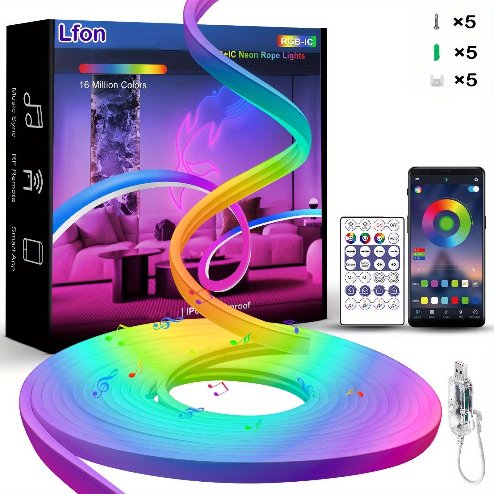 TEMU Rgb+ic Color Led Neon Rope Light With Remote & App Control, Music Sync Diy Design Neon Led Strip Lights For Bedroom Gaming Room, Halloween,