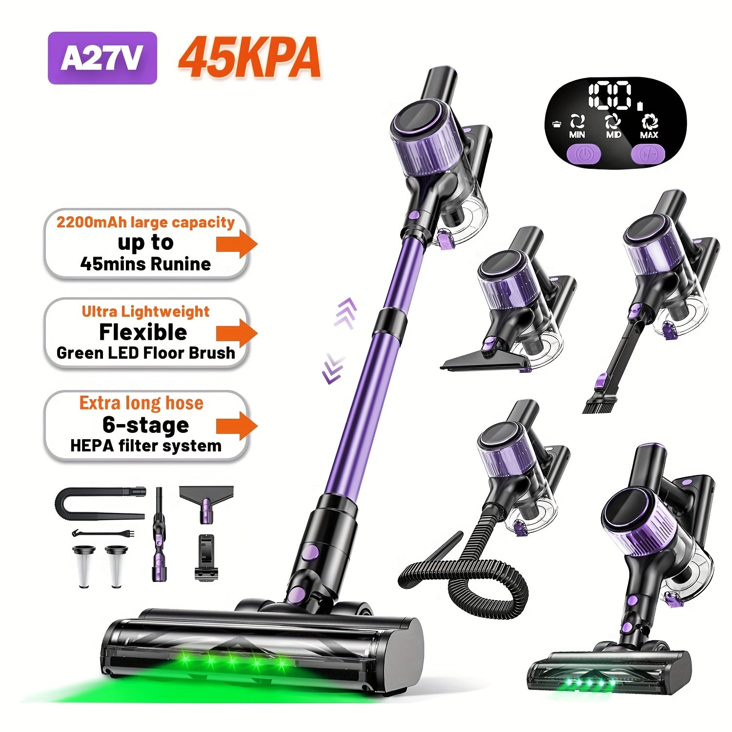 TEMU Cordless Vacuum Cleaner, 10in 1 Powerful Stick Vacuum, With Anti- Brush And Upgraded Green Light, 45 Mins Rechargeable Lightweight Vacuums For