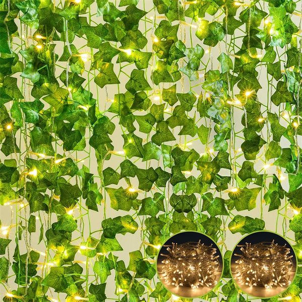 Artificial Ivy Fake Vines with 200 LED String Light Greenery Garland Hanging Leaf Plants for Room Garden Office Wedding Wall Decorative