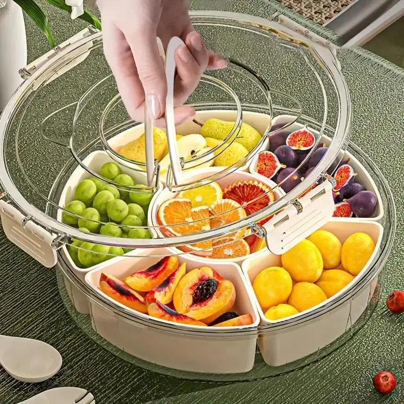 TEMU Rotating Fruit Tray With Handle And Lid, 6 Sections, Moisture-proof, For Nuts And Dried Fruits, Portable, Round, With Lid, For Home, For Candy,