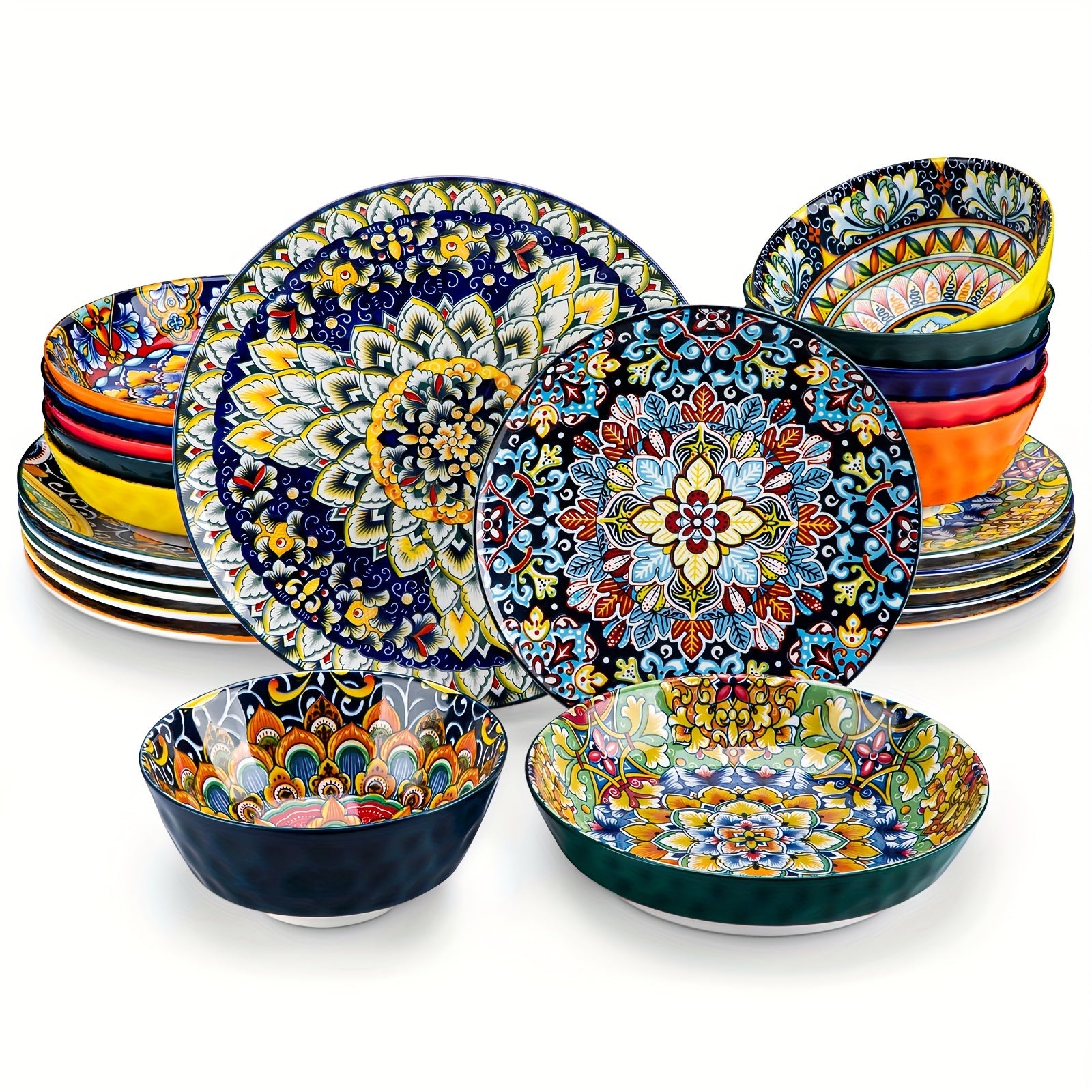TEMU 16-24pcs Dinnerware Set Stoneware Bohemian Style Tableware With Dinner Plate Dessert Plate Cereal Bowls Service For 4 Or 6