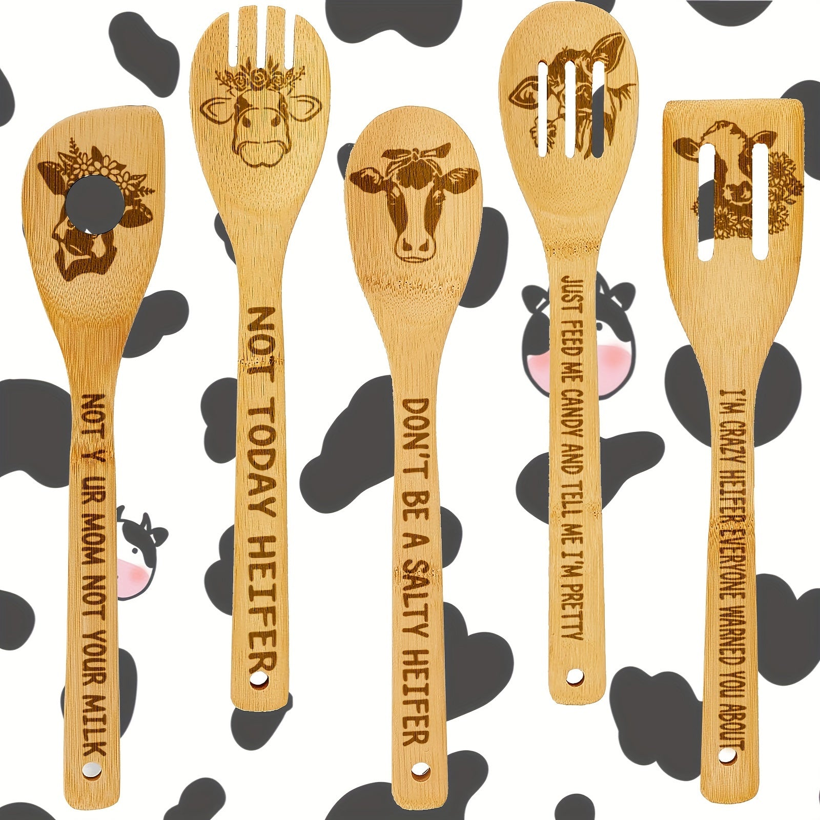 TEMU 5pcs Rooster Wooden Cooking Utensil Set - Carved Chicken Design, Bamboo Spoons & Spatulas For Kitchen Decor, Perfect Housewarming Or Christmas