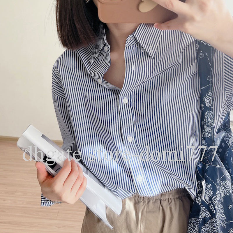 Fashion Embroidered Logo Women&#039;s Blouse Vertical Stripe Shirt Lapel Neck Long Sleeved Shirts