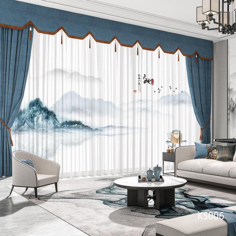 YL-36676 Modern New Chinese Style Ink Painting Landscape Living Room Study High-end Bedroom Famous Hotel Curtain Zen Gauze Curtain