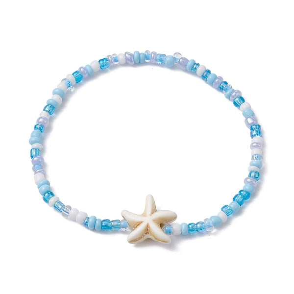 Bracelet extensible en perles de graines de verre et d'étoiles de mer turquoise synthétiques pour femmes