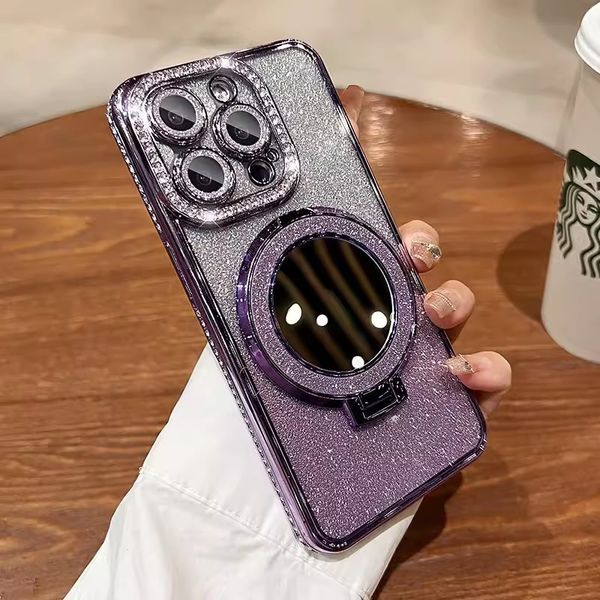 Luxury Diamond Glitter Makeup Mirror Ring Stand Magnetic For Magsafe Cases Shockproof Cover With Camera Lens Film Protector for iPhone 16 15