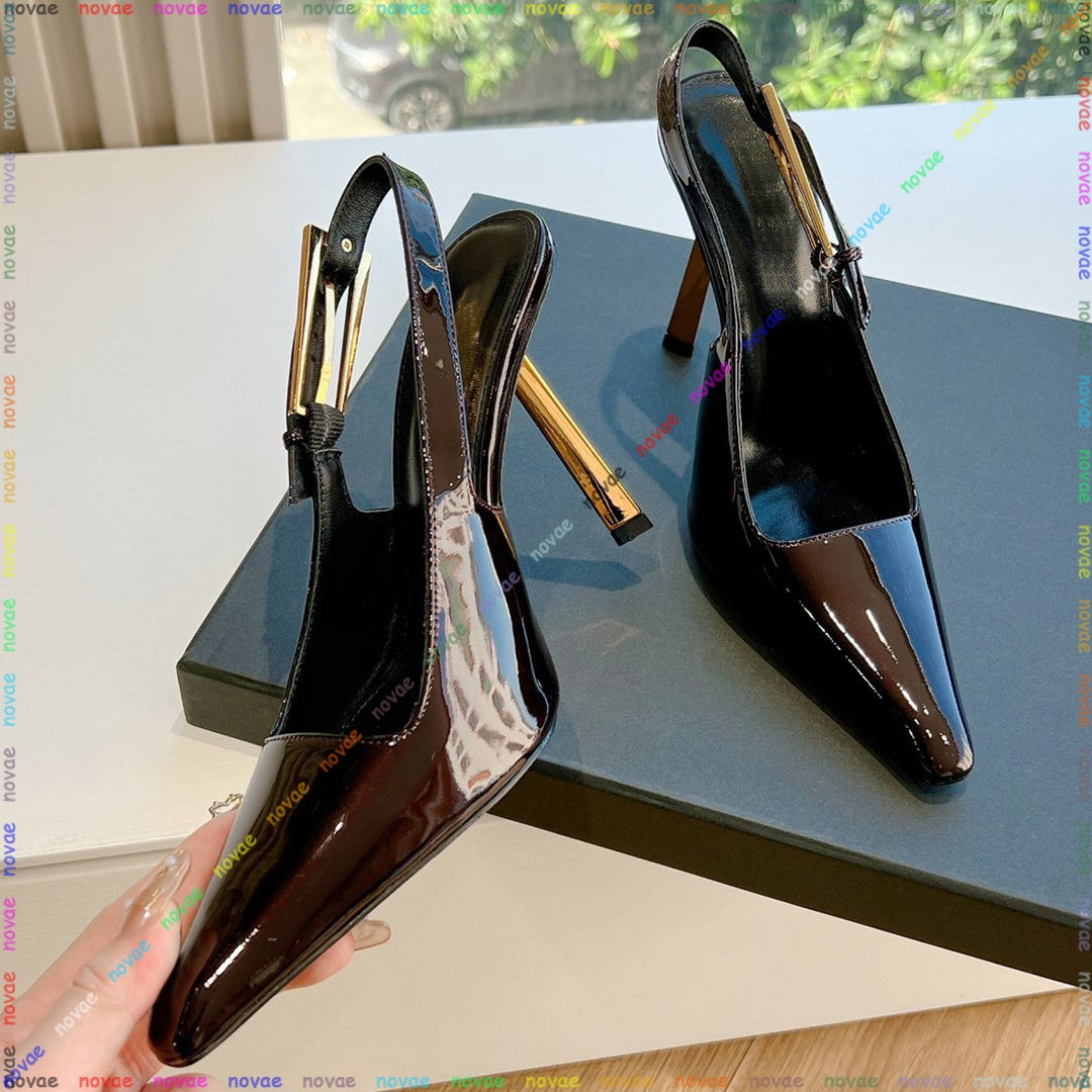 Women High Heels Shoes Designer Pointed Toe Sandals Shiny Bottomed Nude Black wine red Patent Leather Woman Pumps Metal Buckle Strap Women Pump