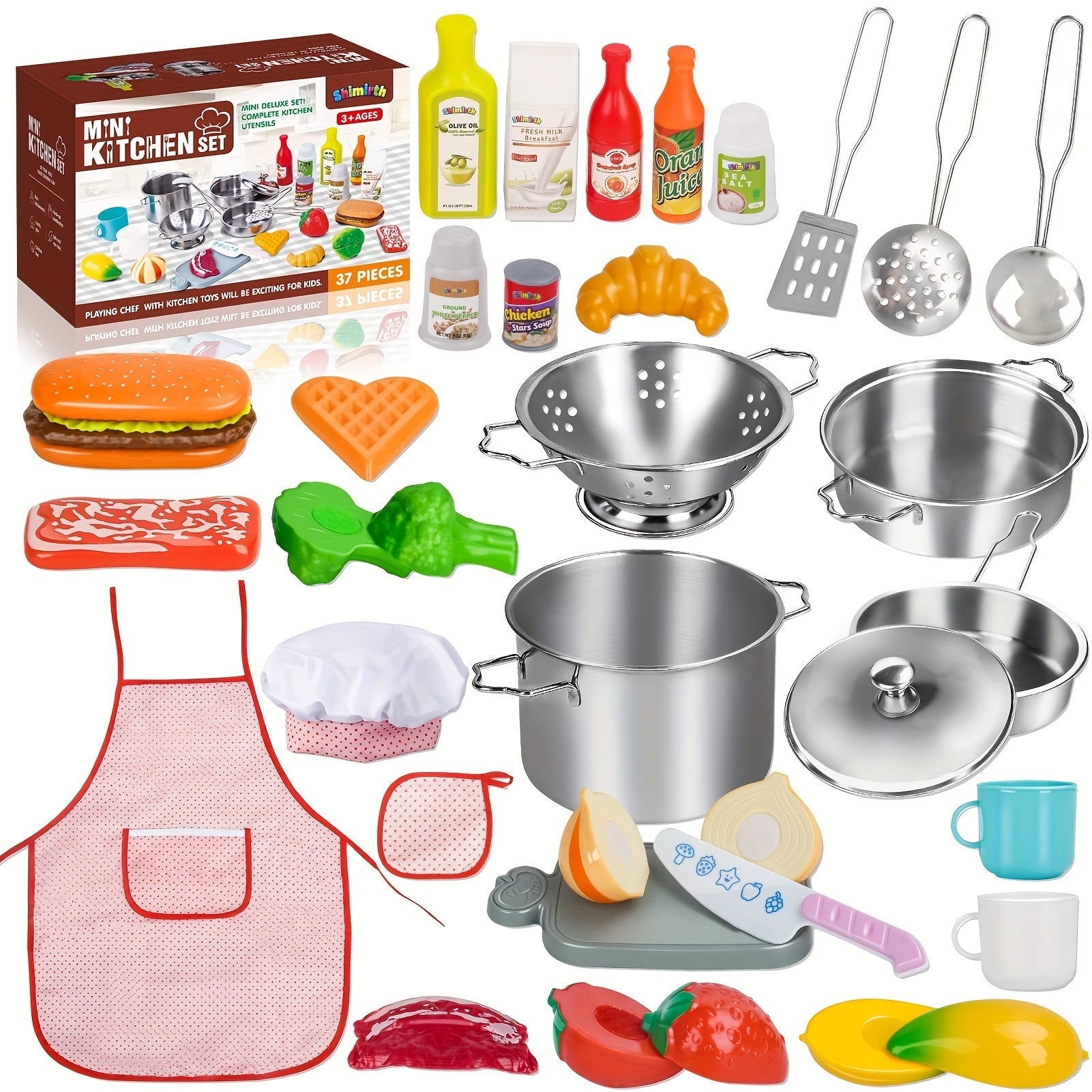 TEMU 37pcs Pretend Play Kitchen Accessories, Kids Kitchen Playset Stainless Pots And Pans Sets For Kids, Apron & Chef Hat, Cooking Utensils, Play