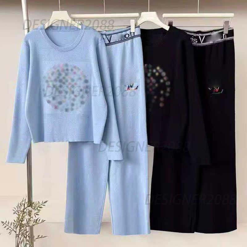 Women&#039;s Tracksuits Designer 2025 Autumn Winter New Casual Heavy Craft Fashion Round Neck Long Sleeve Top Wide Leg Pants Knitted Two-Piece Set M