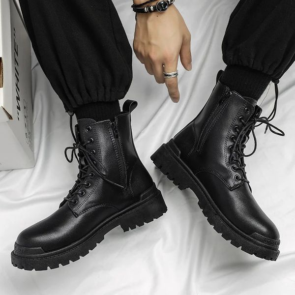 Leather England Black Mens Biker Boot Fashion YoungWaterproof Trendy Boots Man Autumn Winter High Top ClassicBasic Shoe 241111