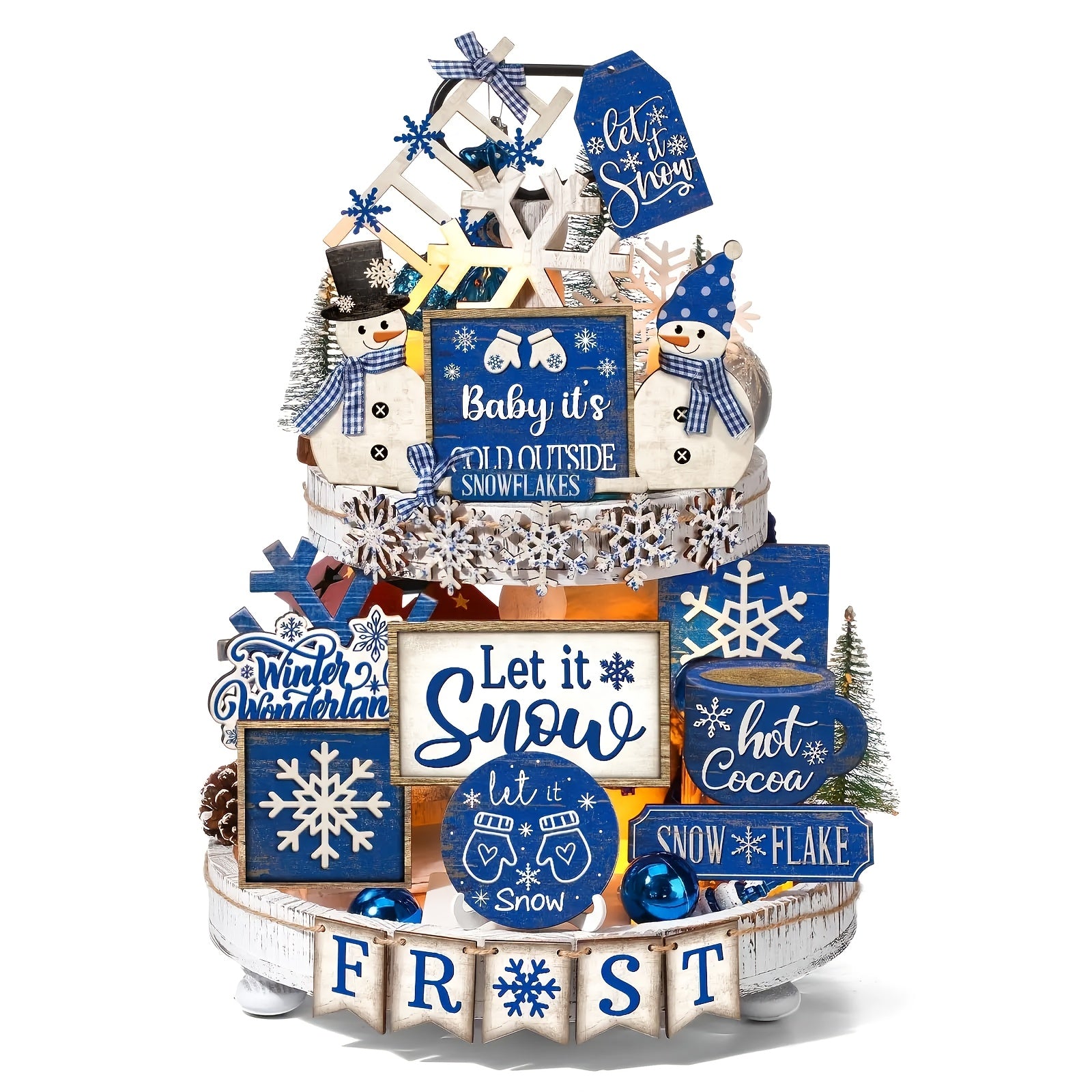 TEMU 25 Christmas Tiered Tray Decorations, Rustic Wooden Blue Snowflake Decorations, Farmhouse Desktop Decorations, Suitable For Coffee Bars, Dining