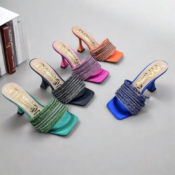 Suede Women&#039;s High-Heeled Slippers, Sandals, Summer Outerwear Rhinestones, Fashionable Flip Flops