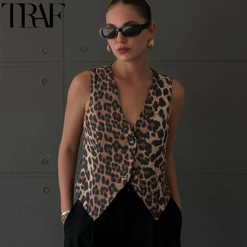 TRAF Leopard Women Vintage Sleeveless Woman Outerwears Animal Print Cropped Suit Vest V Neck Waistcoat Short Coats